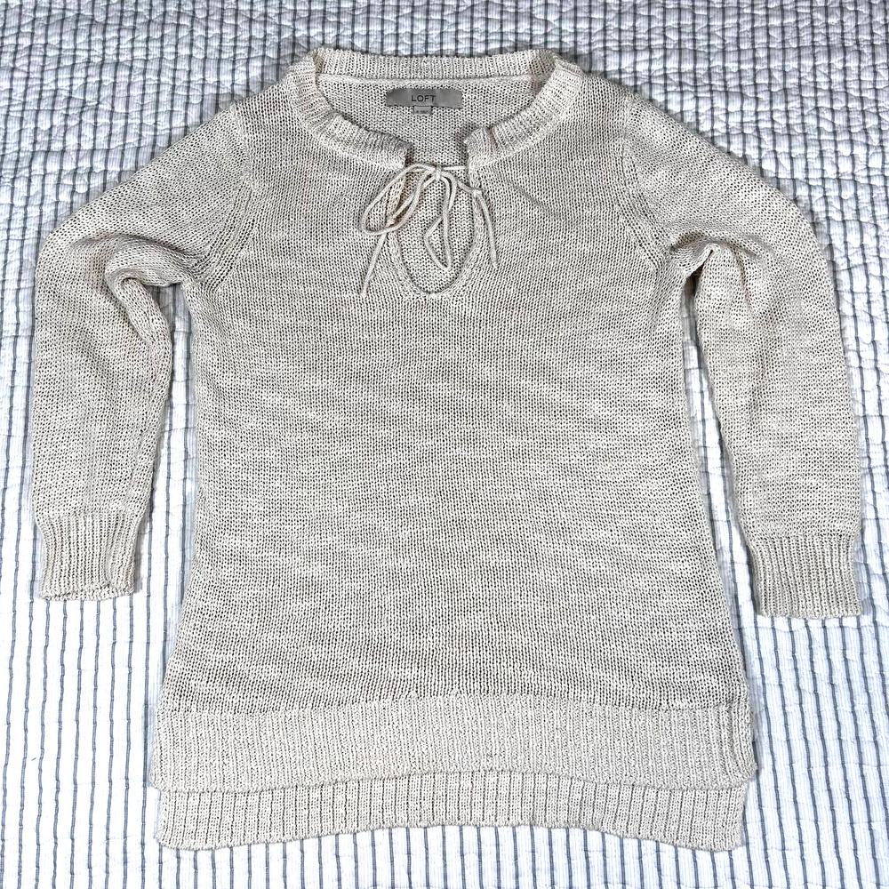 Ann Taylor Loft Womens S Lace Up Neck Sweater 62% Cotton 28% Acrylic 10% Nylon